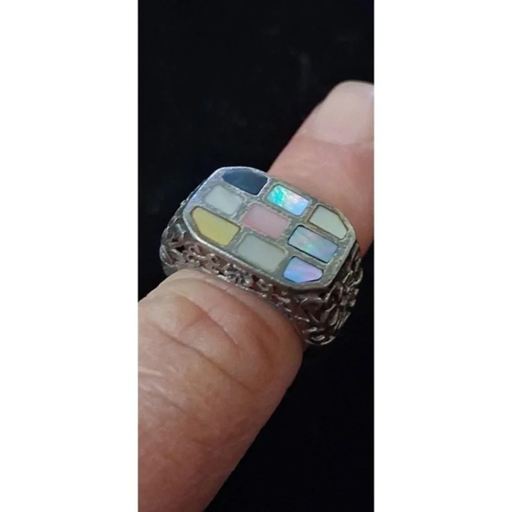 Sterling silver mosaic Abalone inlay Statement ring Size 7/ 1960s